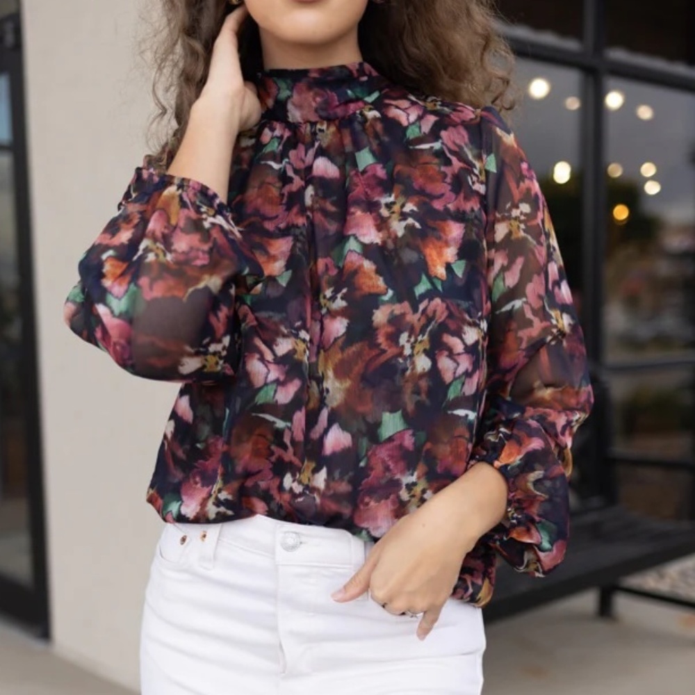 MISA Los Angeles Lulu Long Sleeve Top Le Fleur Chiffon Sz Small